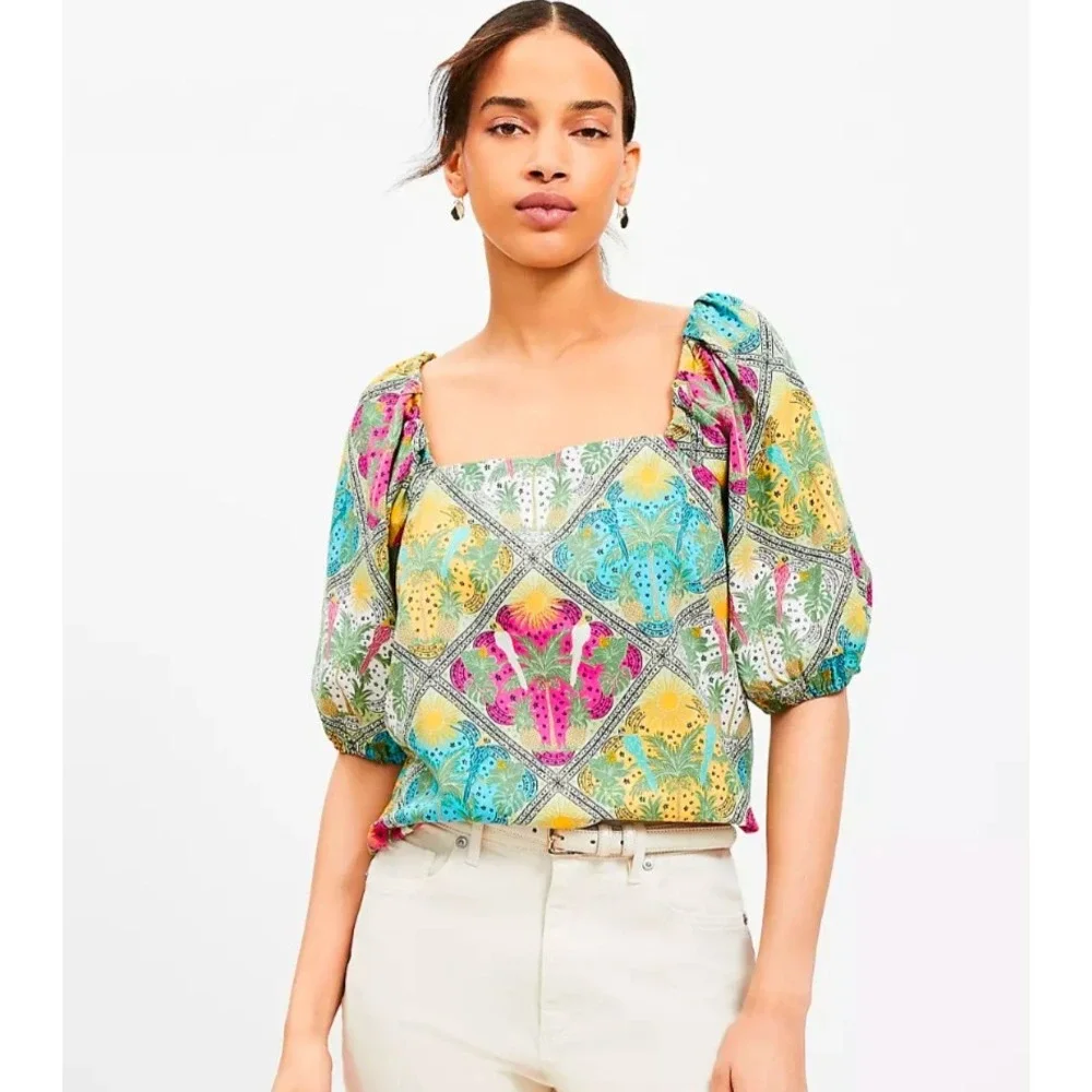 LOFT‎ Womens Tropical Tile Print Square Neck Puff Sleeve Blouse Parrots Multi S